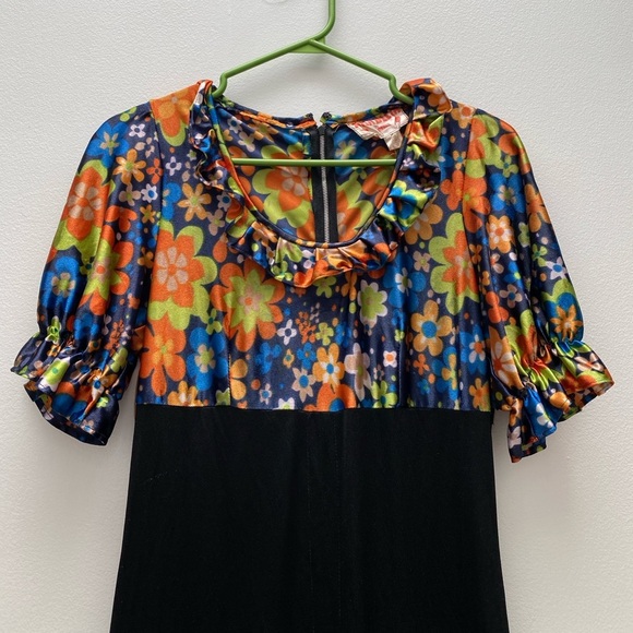 Vintage - 1960’s / 1970’s Mod Psychedelic Floral Black Casual Dress - Picture 7 of 8